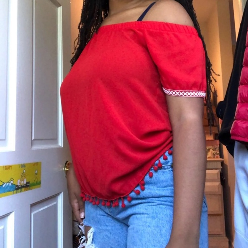 Off shoulder red shirt